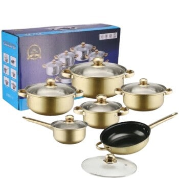 12-Piece Gold Non-Stick Cookware Set – Stainless Steel Pots & Pans with Lids - BAS Kuwait Bab Al Saif