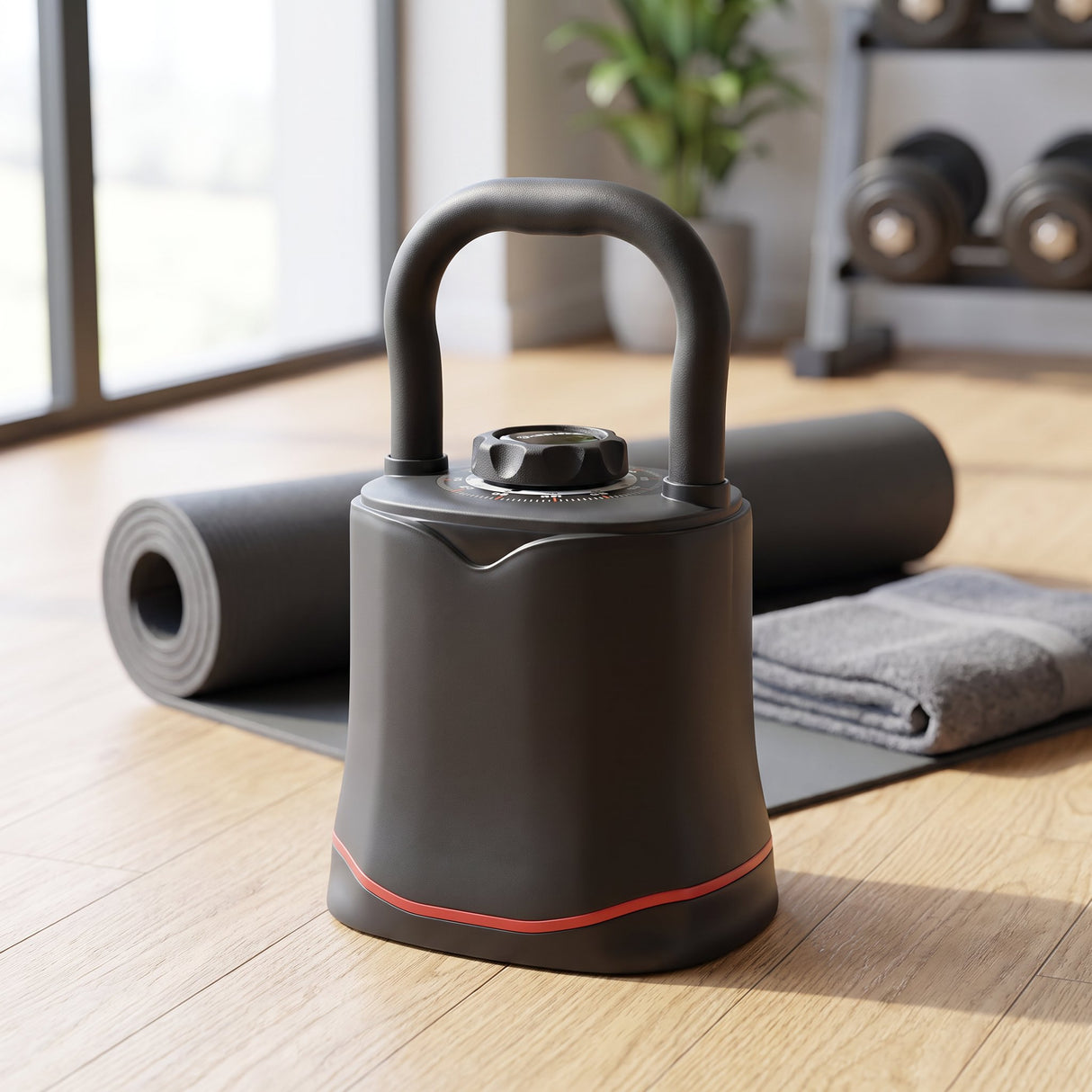 Adjustable kettlebell on oak gym flooring beside a yoga mat in a minimal home gym