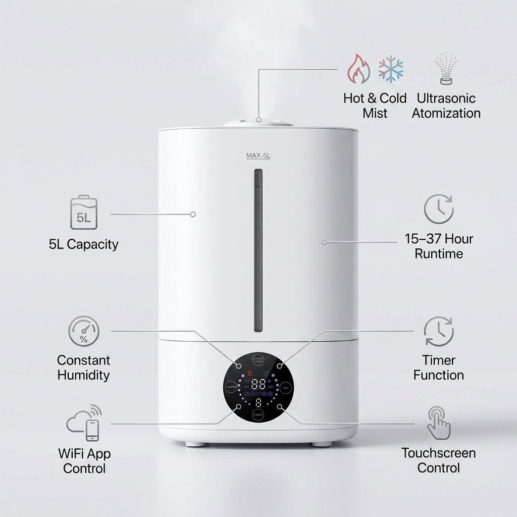 Air Humidifier 5L Wifi App Controlled Hot and Cold Mist - BAS Kuwait Bab Al Saif