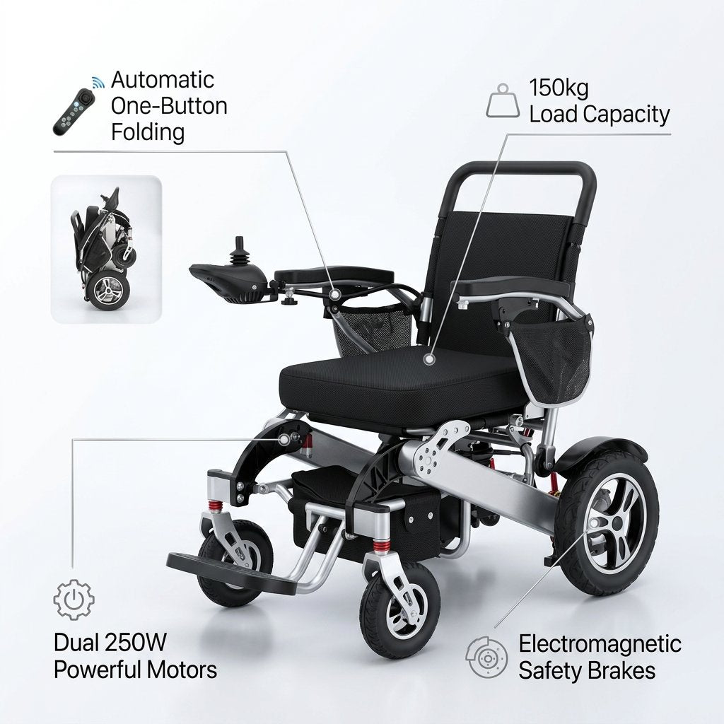 Automatic Folding Aluminium Electric Mobility Chair with Remote Control 150kg capacity | Dual 250W Motors Bab Al Saif