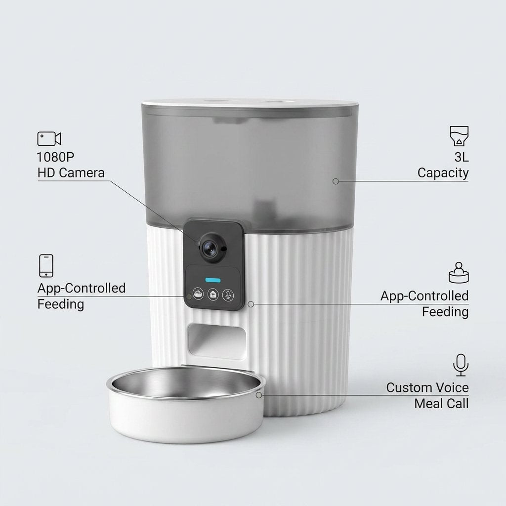 Automatic Smart Remote Food Dispenser Feeder 3L With Stainless Steel Bowl and 1080P HD Camera For Pets Cats And Dogs - BAS Kuwait Bab Al Saif