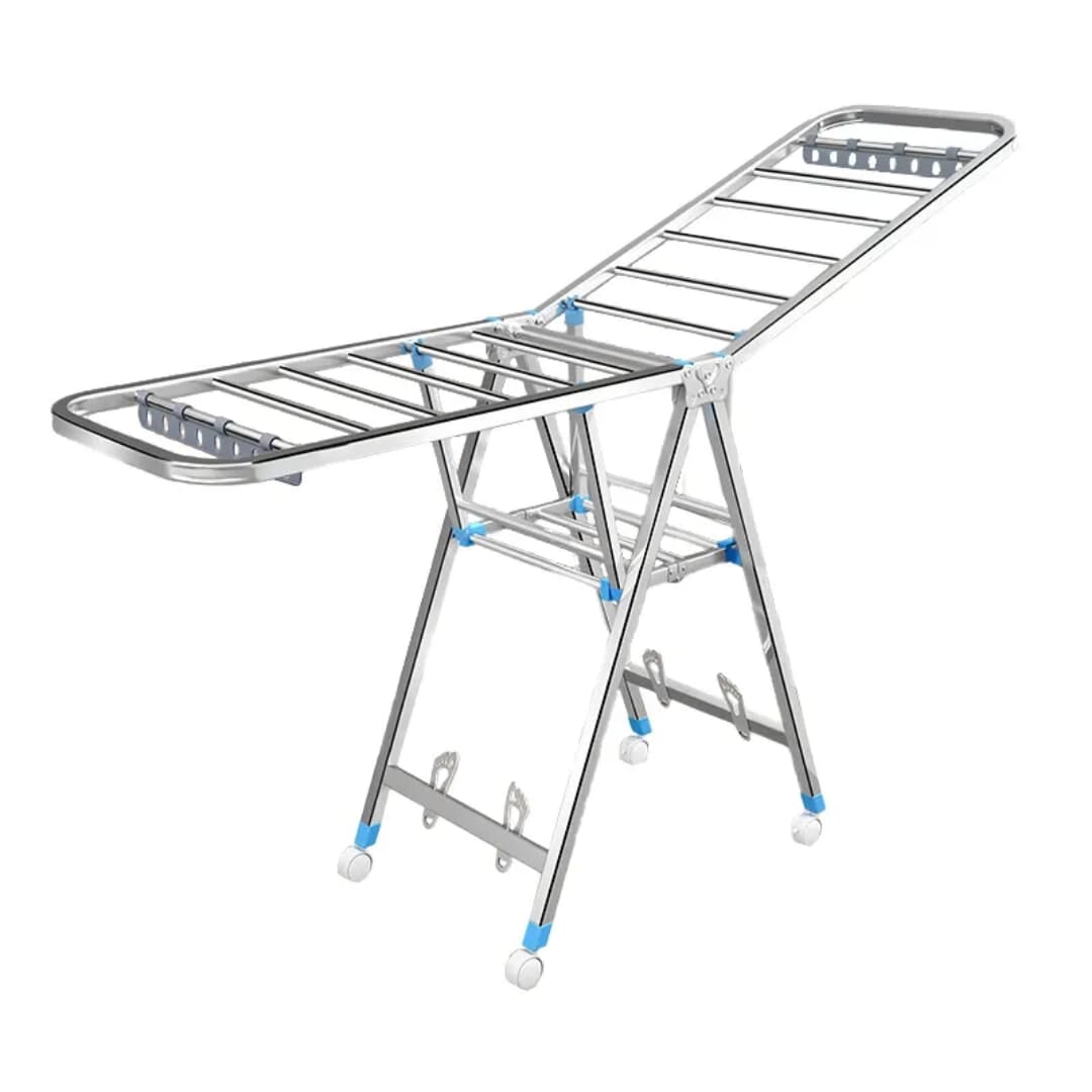 Cloth drying hanger with wheels and shoe hanger, Stainless steel foldable, 150 cm - BAS Kuwait Bab Al Saif Grey 150cm