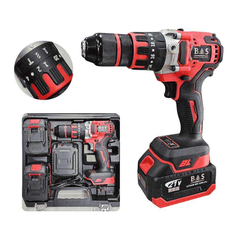 Cordless Drill 13mm 20V with 2 batteries 80N.m Brushless motor - BAS Kuwait Bab Al Saif Red Standard