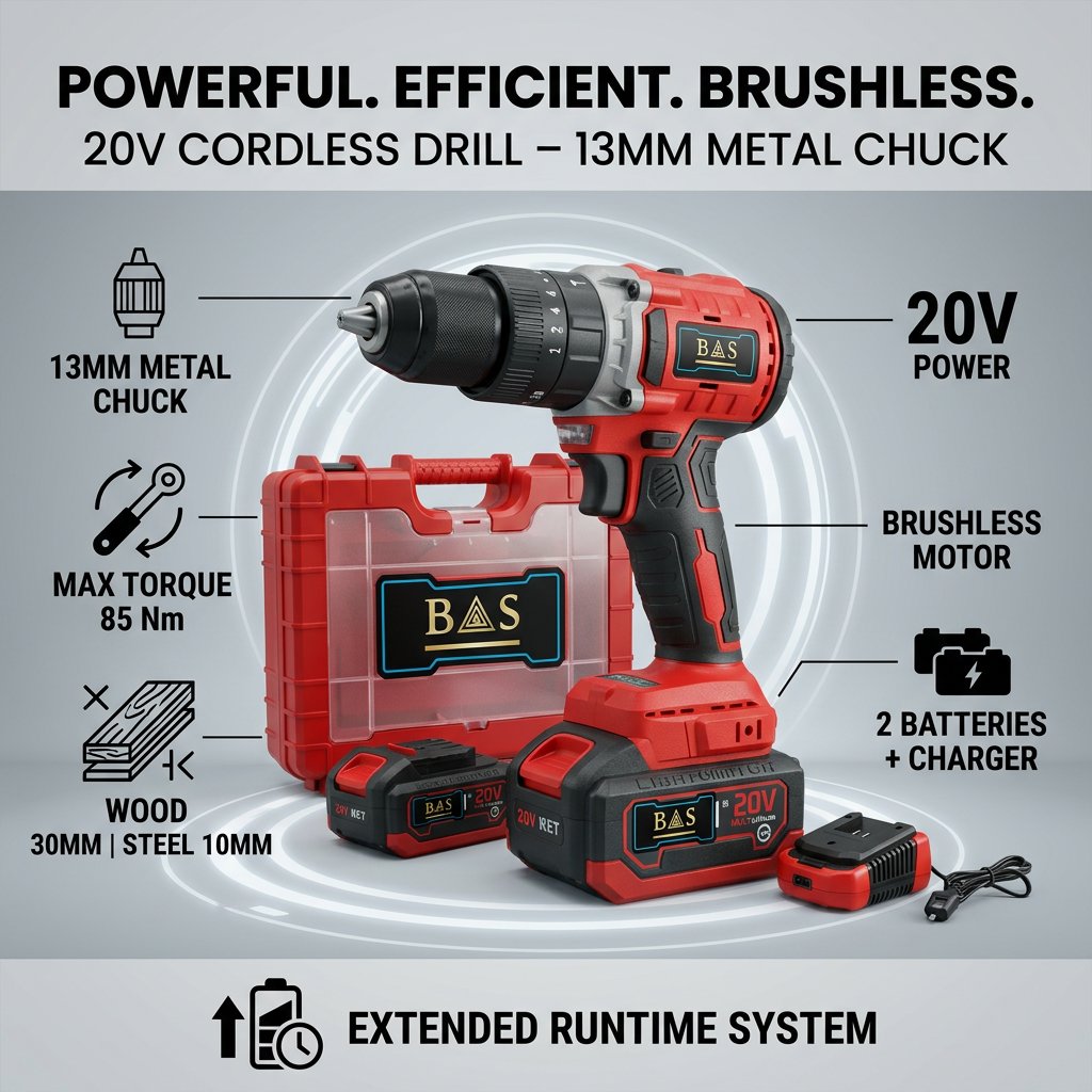 Cordless Drill 13mm 20V with 2 batteries , Brushless Motor - BAS Kuwait Bab Al Saif