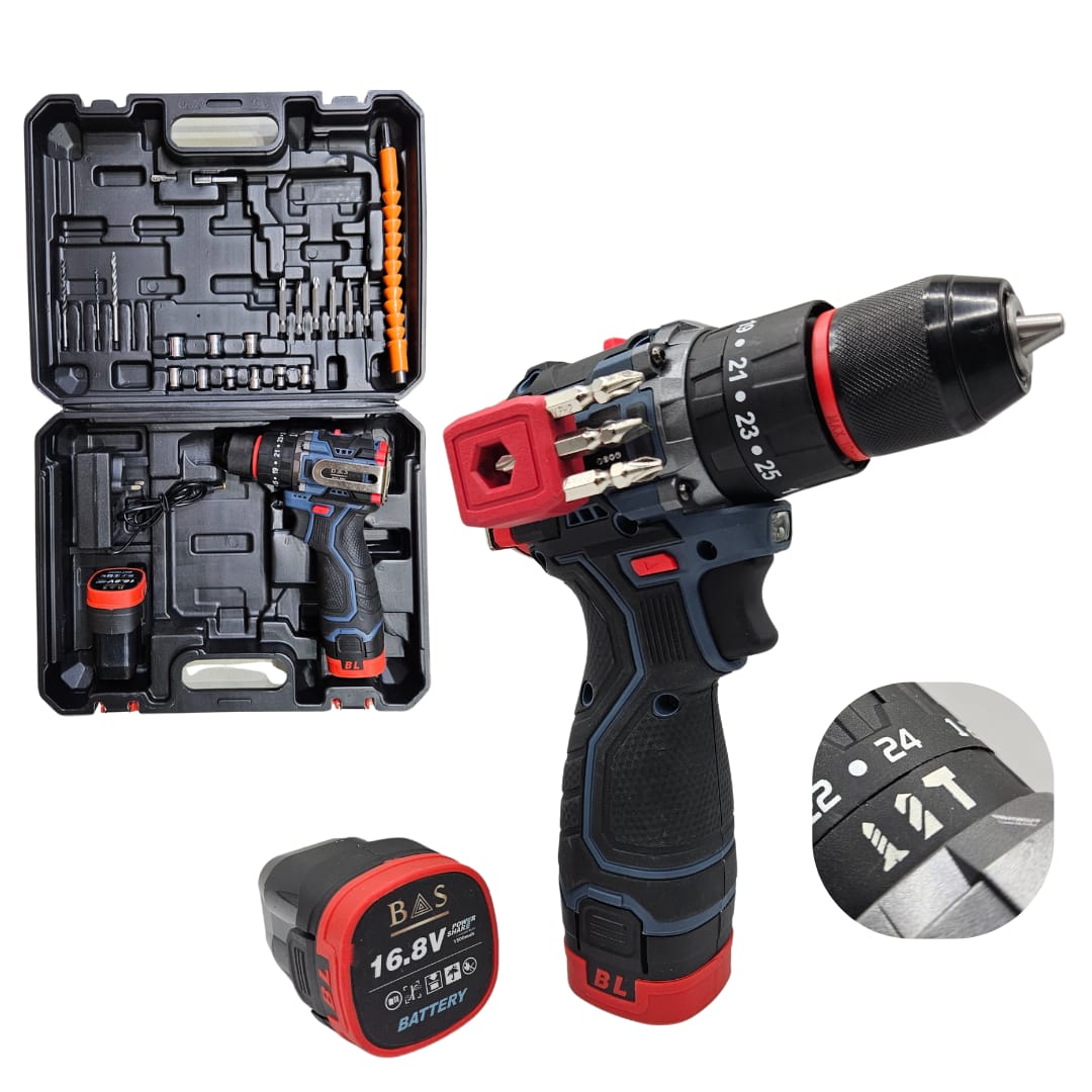 Cordless Drill 16.8v with 2 batteries 2100 rpm 60 N.m Torque Power with drilling accessories - BAS Kuwait Bab Al Saif Blue Standard