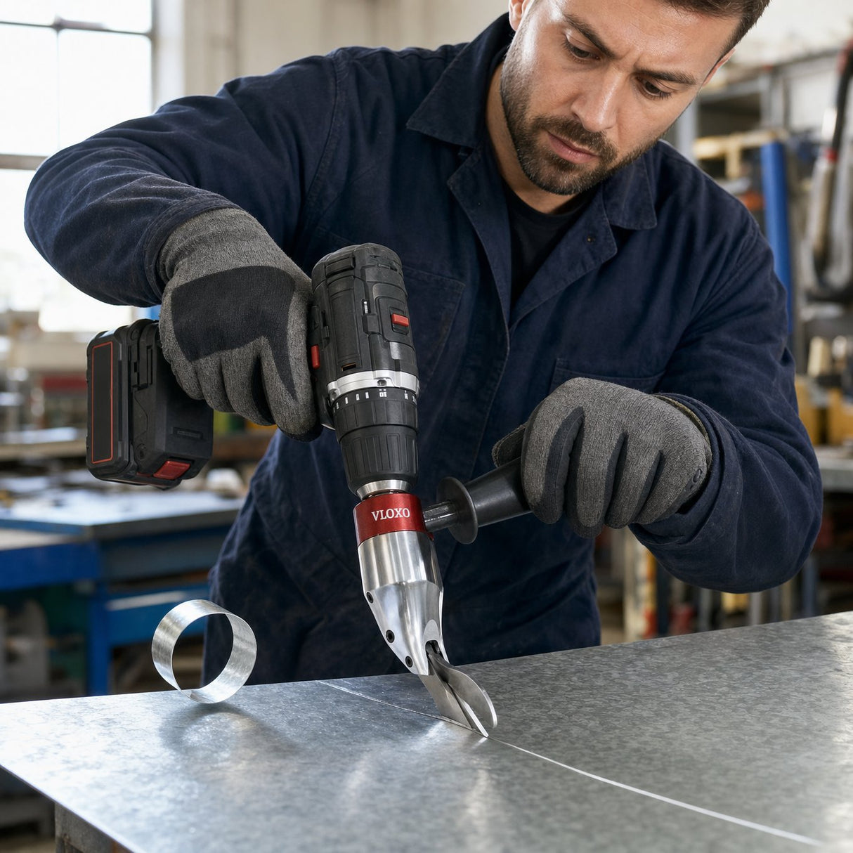 Tradesman cutting a galvanised steel sheet with the drill attachment metal shear in a workshop