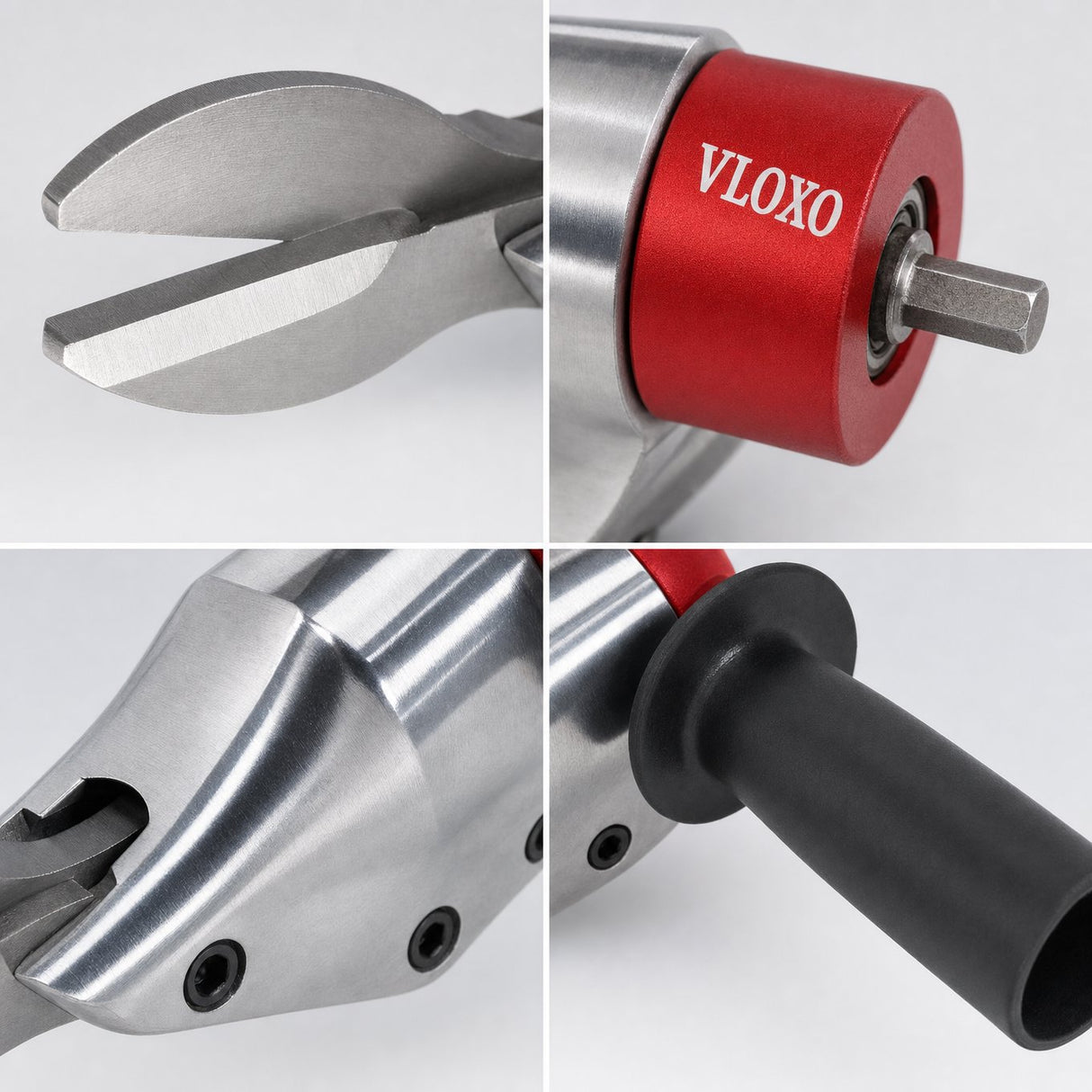 Close-up details of the metal cutter attachment - shear blades, anodised collar and hex shank, aluminium body, side handle
