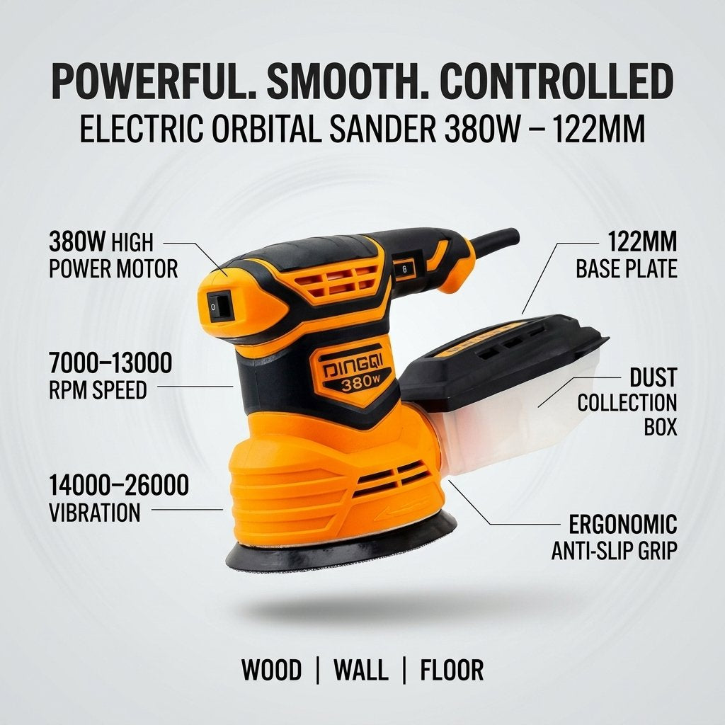 Electric Orbital Sander 380W & Polisher Round Set High-Power 122mm - Ideal for Wood, Wall, and Floor Sanding DINGQI BRAND - BAS Kuwait Bab Al Saif