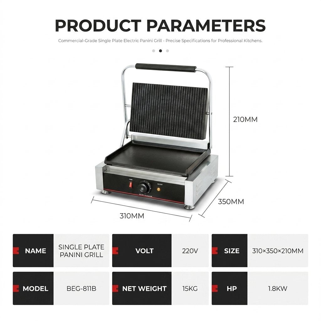 Electric Panini Grill Single Plate Full Flat 220V - BAS Kuwait Bab Al Saif