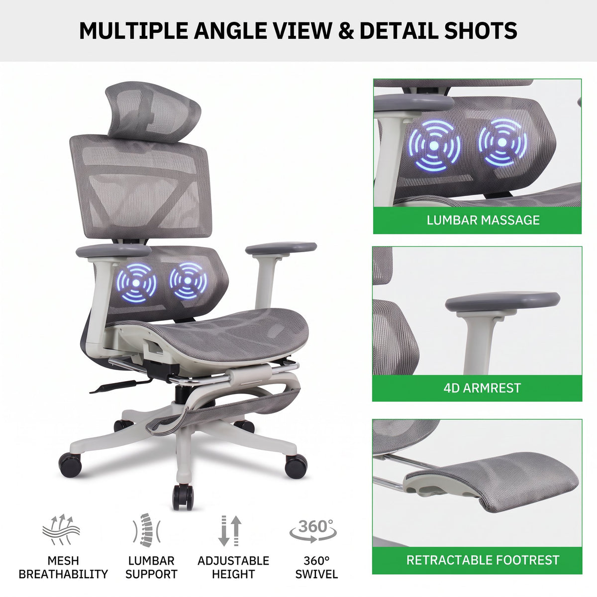 Ergonomic Mesh Office Chair with Massage Lumbar - BAS Kuwait Office Chair Bab Al Saif