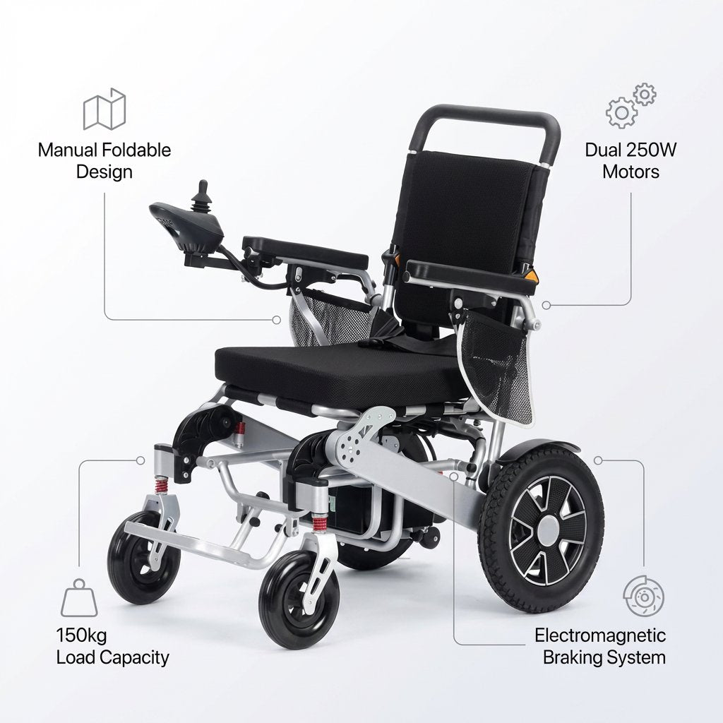 Foldable Aluminium Electric Mobility Chair with Remote Control 150kg capacity | Dual 250W Motors - BAS Kuwait Bab Al Saif