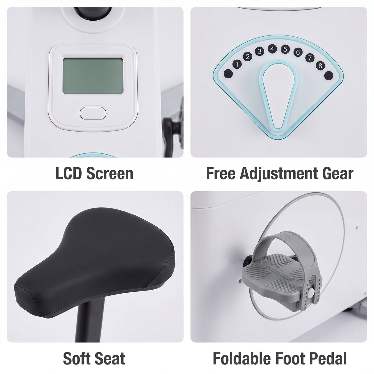 Feature grid showing the LCD screen, resistance dial, cushioned seat and foldable foot pedal
