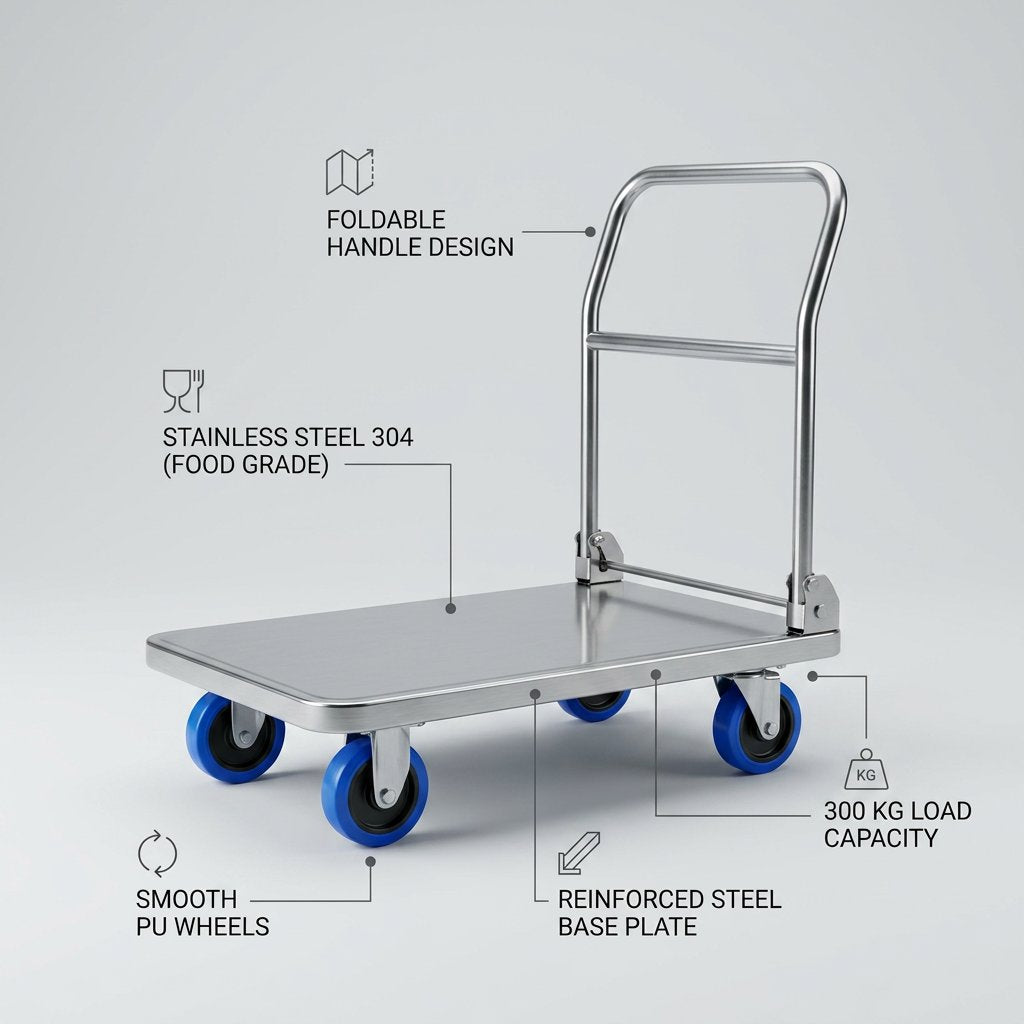 Foldable Hand Trolley 300 Kg Stainless Steel grade 304 / platform Hand Truck food grade - BAS Kuwait Bab Al Saif