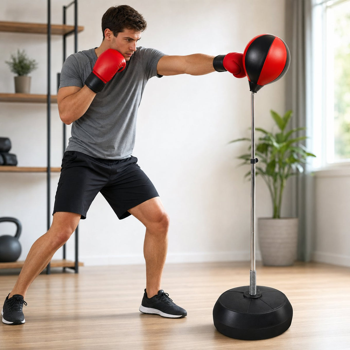 Man wearing red boxing gloves punching a free standing punching ball in a home workout space
