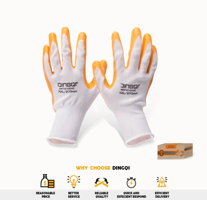 Gloves Palm Coated Latex PU Polyurethane Palm Fit Safety Work Gloves 10" DINGQI BRAND - BAS Kuwait Bab Al Saif Standard Standard
