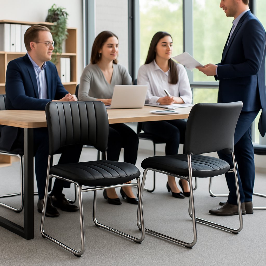 Office Chair Premium Stacking Chrome Conference Mid-Back Leather Design - BAS Kuwait Bab Al Saif