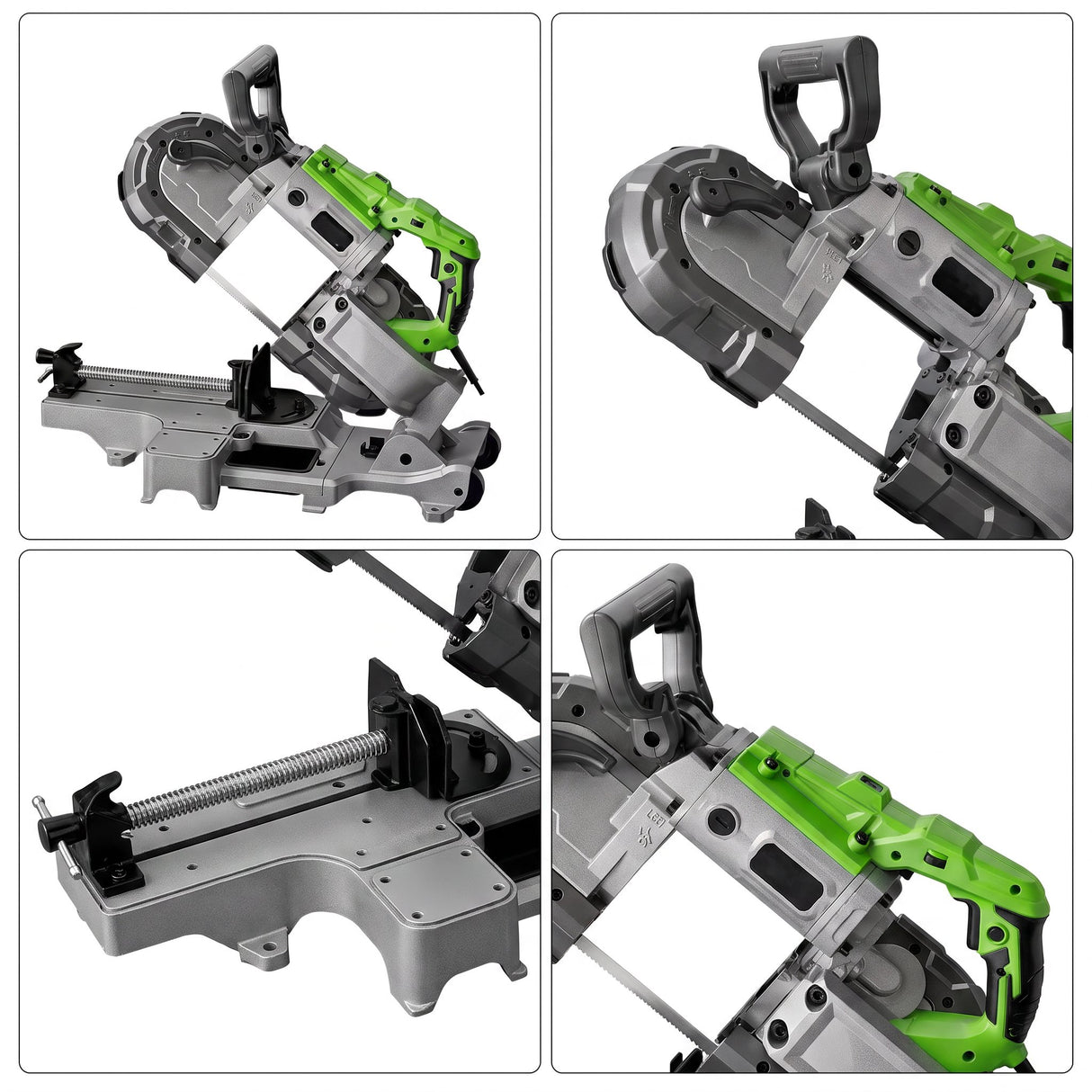 Band saw detail views - blade housing, band blade, screw vice, motor housing and grip
