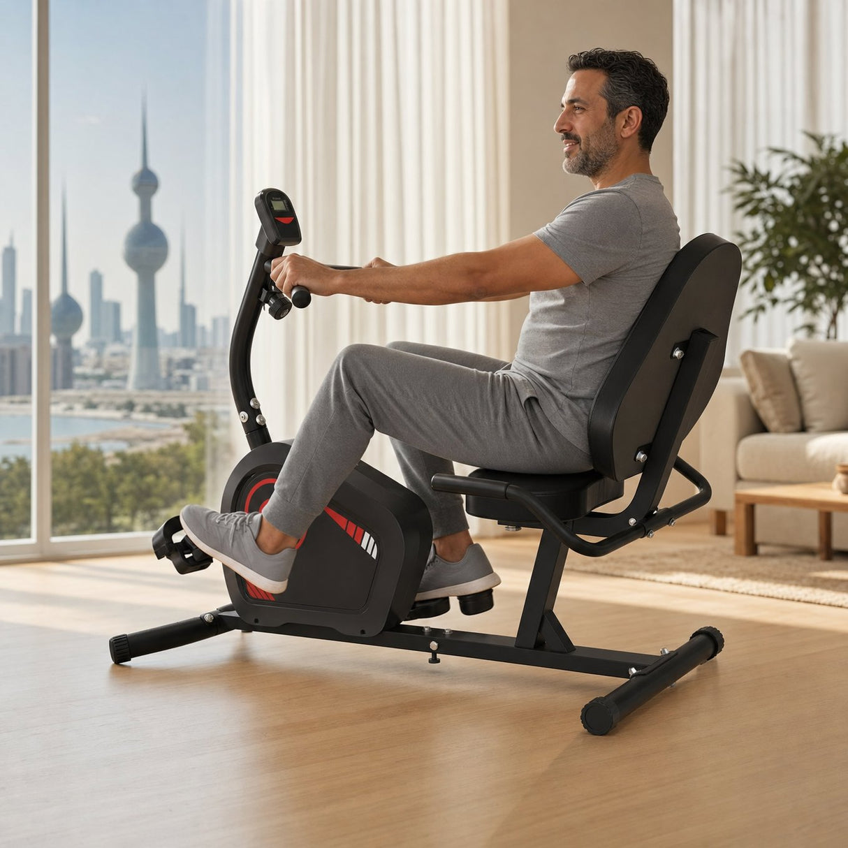 Man exercising on the recumbent bike in a bright modern living room in Kuwait