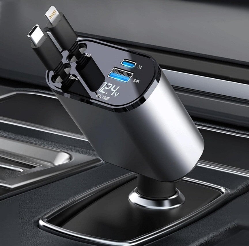Retractable Car Charger 4 in 1 Fast Car Phone Charger 120W Retractable Cables and 2 USB Ports Car Charger Adapter - BAS Kuwait Bab Al Saif Grey Standard