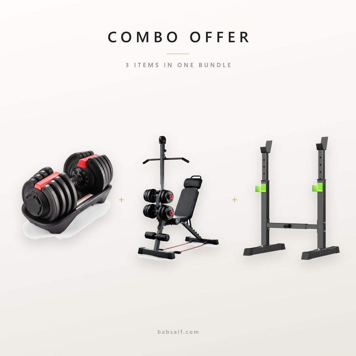 Combo offer: 3-in-1 adjustable set, gym bench with bar and squat rack