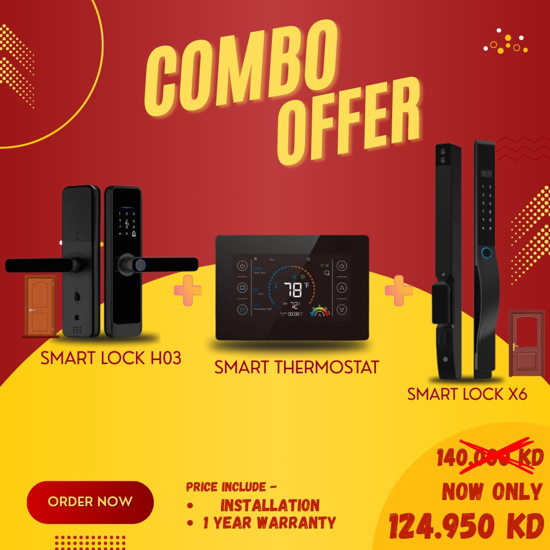 Smart Lock H03 + Smart Lock X6 + Smart Thermostat Combo Offer - BAS Kuwait Bab Al Saif Lock H03+Lock X6+Thermostat With Installation