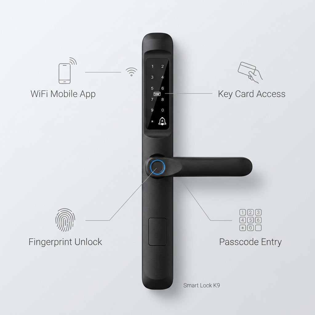 Smart Lock K9 - Keyless Entry - Fingerprint, Pass code, key card, Mobile App (Wifi) - BAS Kuwait Bab Al Saif