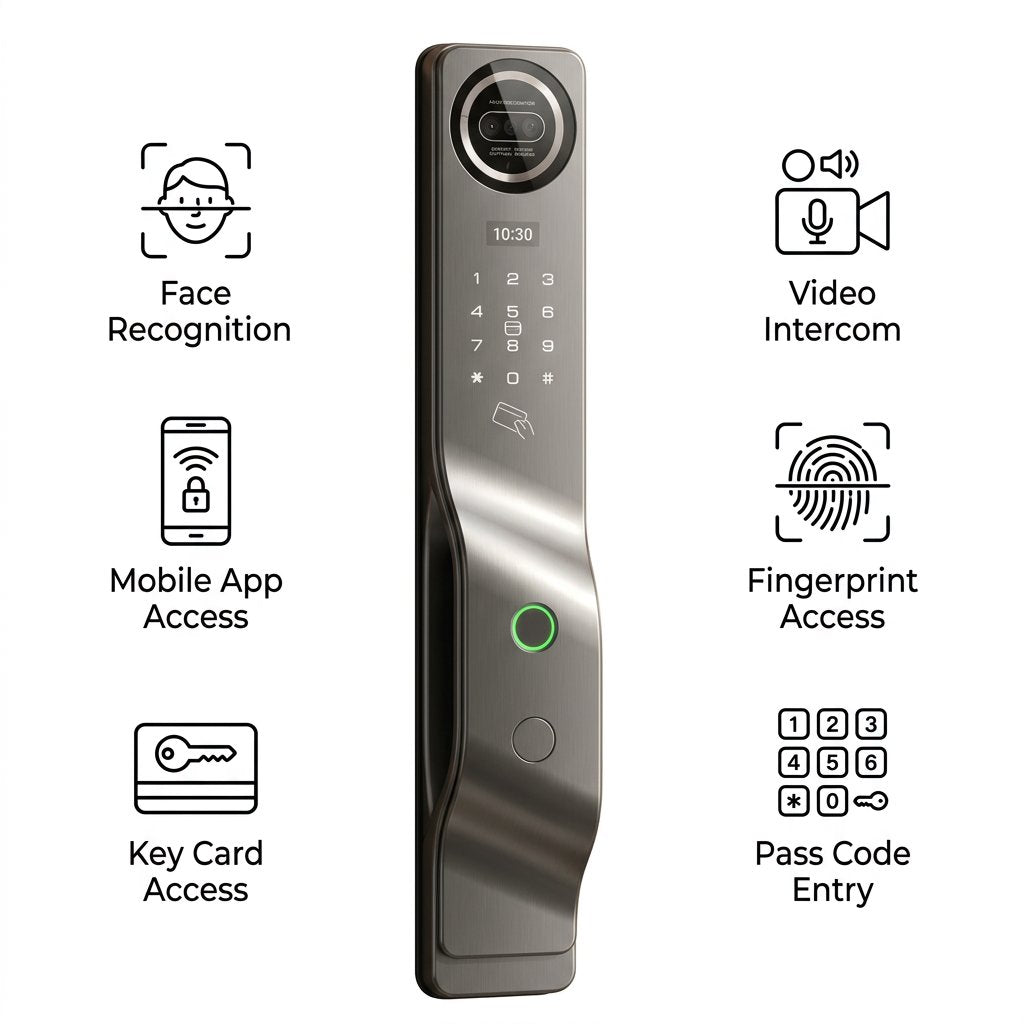 Smart Lock M7 - Keyless Entry - Face Recognition, Fingerprint, Pass code, key card, Mobile App (Wifi), Video Intercom System - BAS Kuwait Bab Al Saif