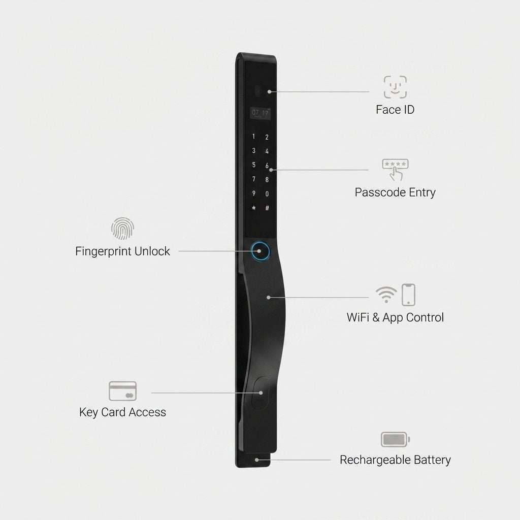 Smart Lock SL10 - Keyless Entry - Face id, Fingerprint, Pass code, key card, Mobile App (Wifi) Rechargeable Battery - BAS Kuwait Bab Al Saif