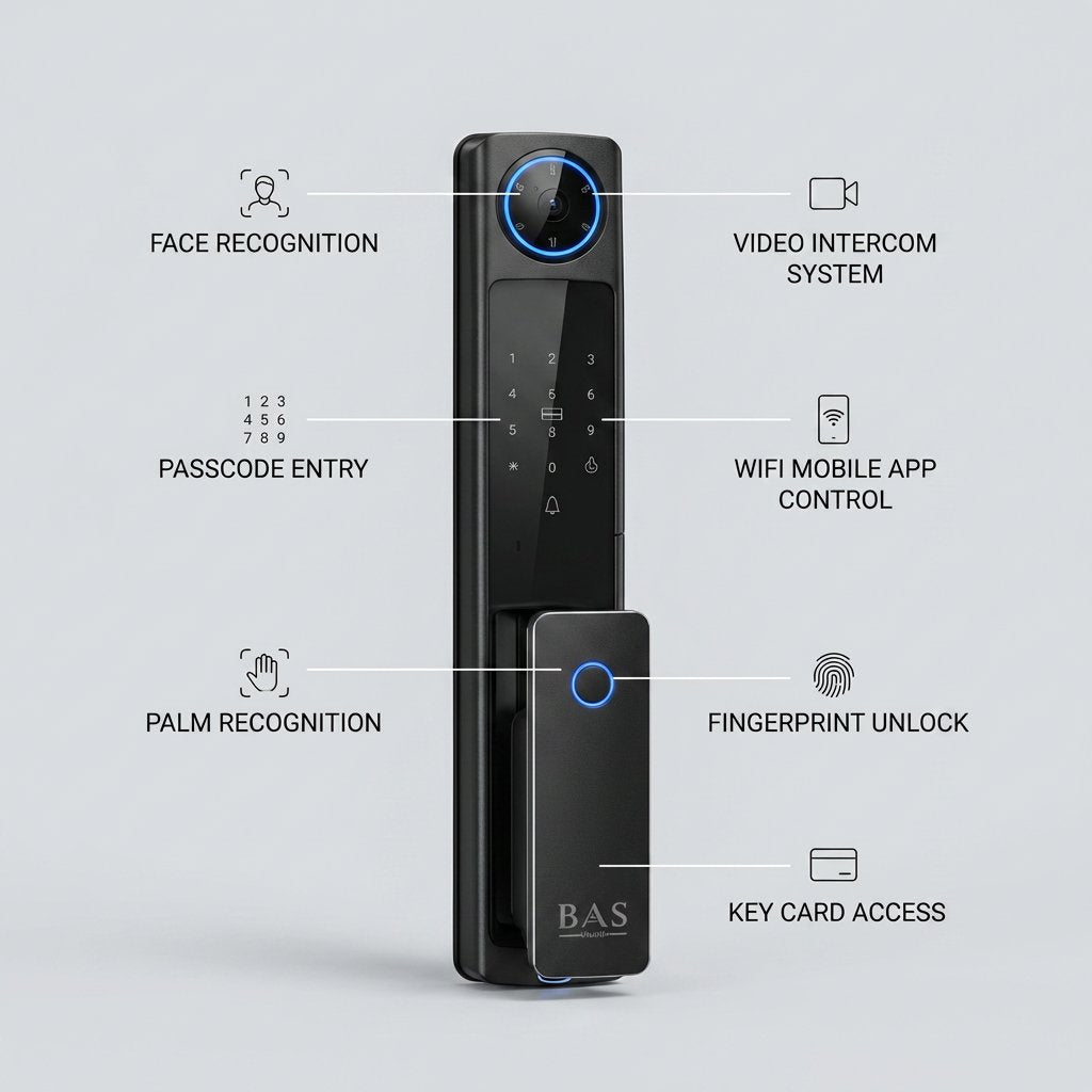 Smart Lock V9 - Keyless Entry - Face & Palm Recognition, Fingerprint, Pass code, key card, Mobile App (Wifi), Video Intercom System - BAS Kuwait Bab Al Saif