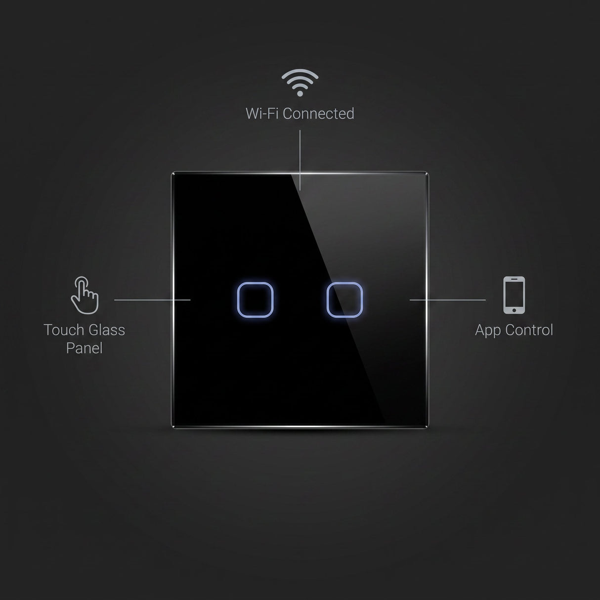 2 Gang smart switch features - touch glass panel, WiFi connected, app control