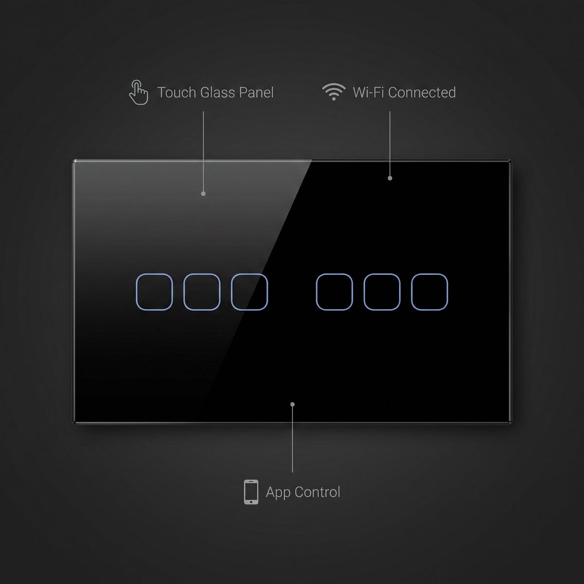 6 Gang smart switch features - touch glass panel, WiFi connected, app control