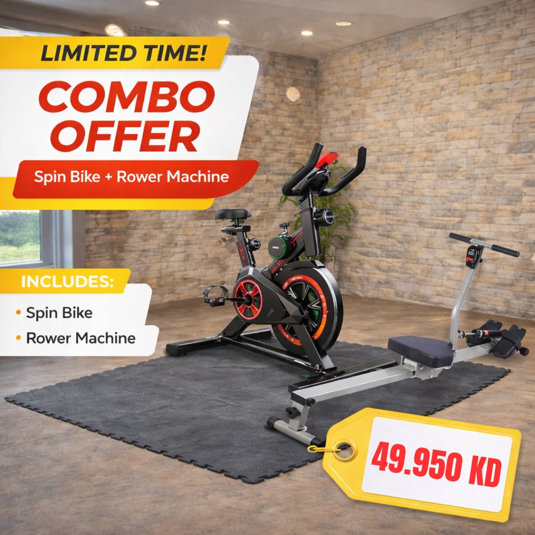 Spin Bike + Rower Machine Combo Offer | Cardio Home Gym Fitness Bundle - BAS Kuwait Bab Al Saif Spin bike + Rower Machine