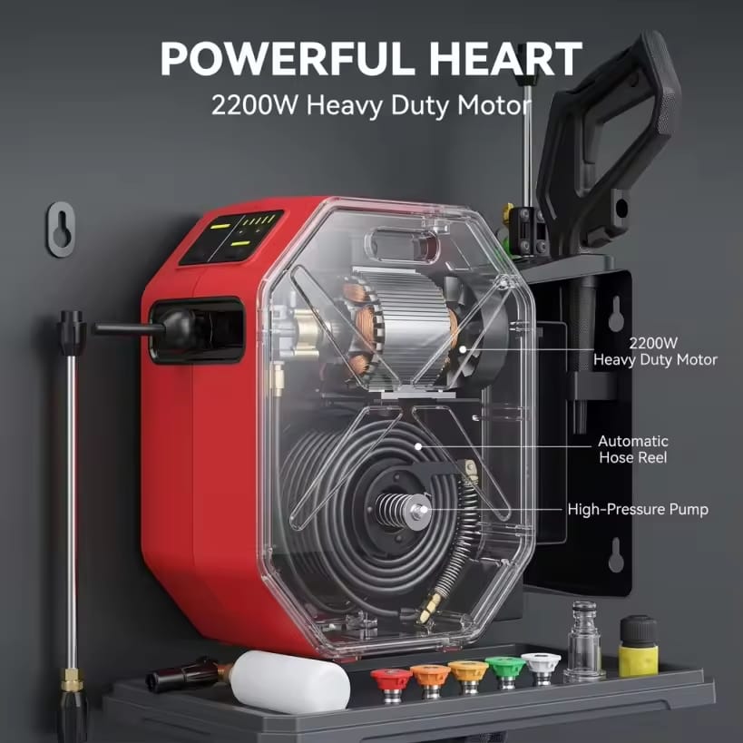 Wall Mounted High Pressure Washer 2200W 150 Bar with 30M Auto Retractable Hose Reel - BAS Kuwait Car Wash BAS