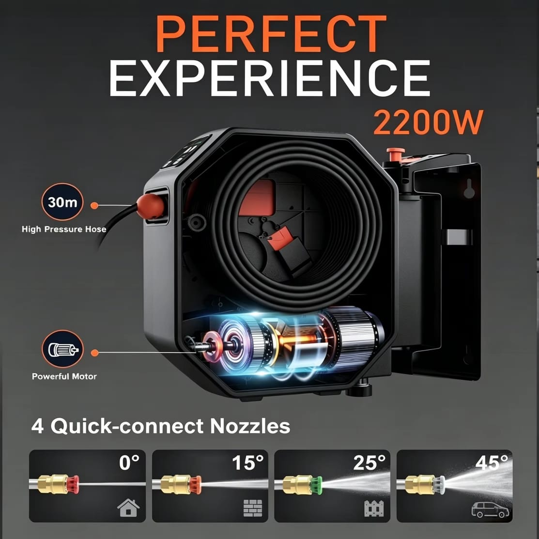 Wall Mounted High Pressure Washer 2200W 150 Bar with 30M Auto Retractable Hose Reel - BAS Kuwait Car Wash BAS
