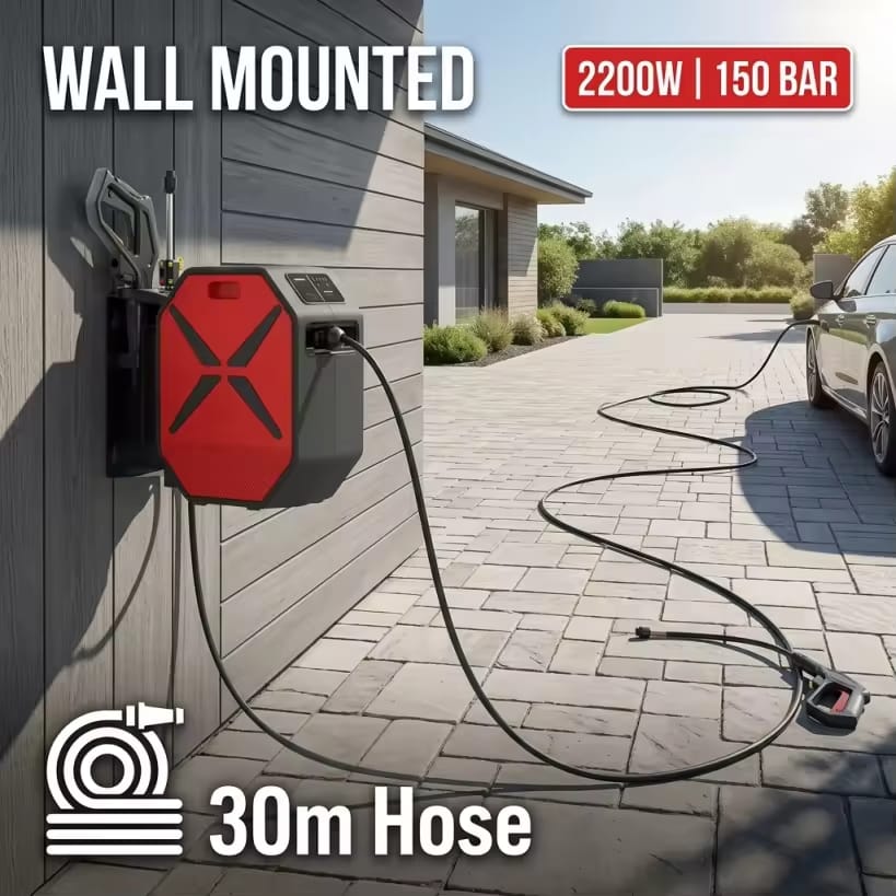 Wall Mounted High Pressure Washer 2200W 150 Bar with 30M Auto Retractable Hose Reel - BAS Kuwait Car Wash BAS