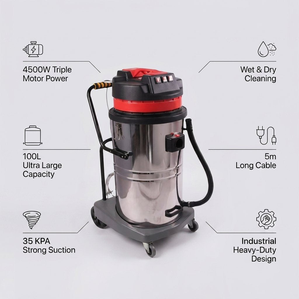 Wet and dry Vacuum Cleaner 100L 4500W I 3 motor Industrial I 3000mm Suction - BAS Kuwait Bab Al Saif
