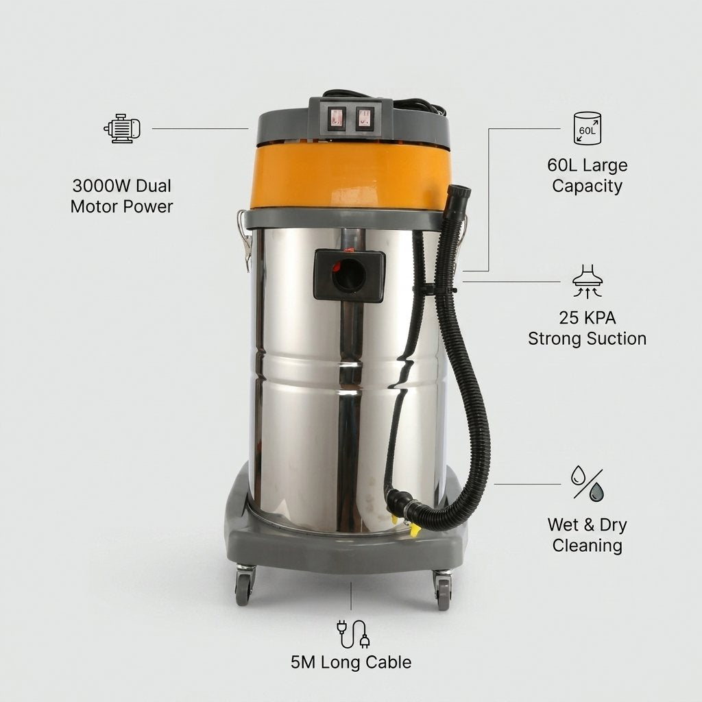 Wet and dry Vacuum Cleaner 60L 3000W I 2 motor Industrial I 2000mm suction - BAS Kuwait Bab Al Saif