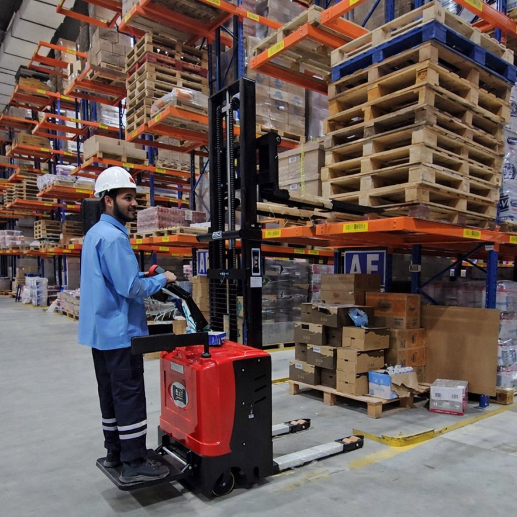 2 Ton Stand-Driving Electric Forklift Stacker | 24V Lithium Battery | Adjustable Fork | Compact Warehouse Lifter 2.5m - BAS Kuwait Bab Al Saif 
