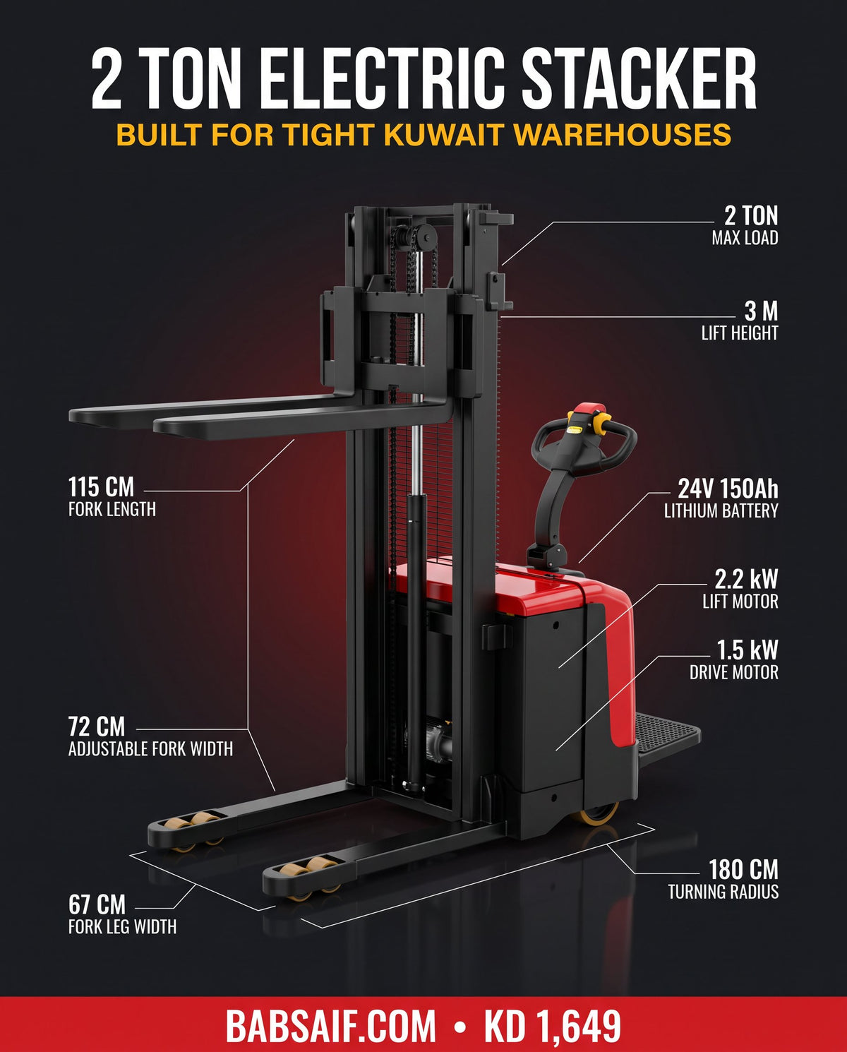 Specifications of the 2 Ton Stand-Driving Electric Forklift Stacker – 2 ton capacity, 3 m lift height, 24V 150Ah lithium battery, 2.2 kW lift motor, 1.5 kW drive motor, 115 cm forks, 72 cm adjustable fork width, 180 cm turning radius – BAS Kuwait