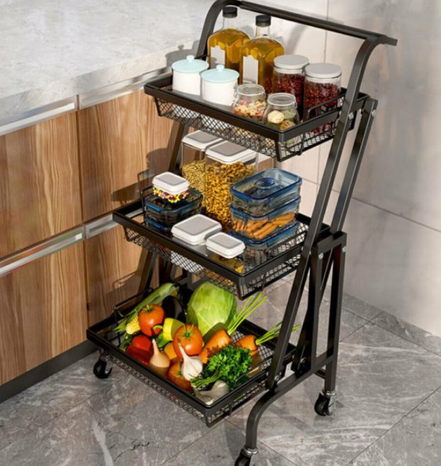 3 Layer Kitchen Cart Rack with wheels (rectangle shaped) - BAS kuwait Bab Al Saif Black 94 x 37 x 30cm 