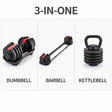3-in-one adjustable set shown as dumbbell, barbell and kettlebell configurations