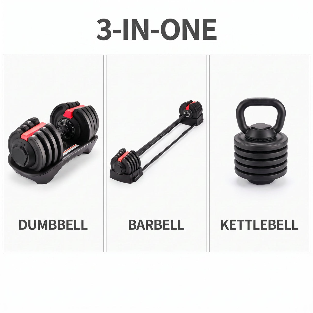 3-in-one adjustable set shown as dumbbell, barbell and kettlebell configurations