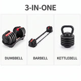 3-in-one adjustable set shown as dumbbell, barbell and kettlebell configurations