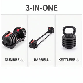 3-in-one adjustable set shown as dumbbell, barbell and kettlebell configurations