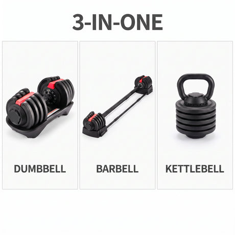 3-in-one adjustable set shown as dumbbell, barbell and kettlebell configurations