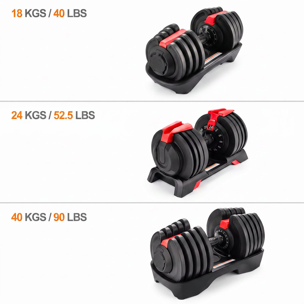 Weight comparison of the three adjustable sets: 18kg, 24kg and 40kg