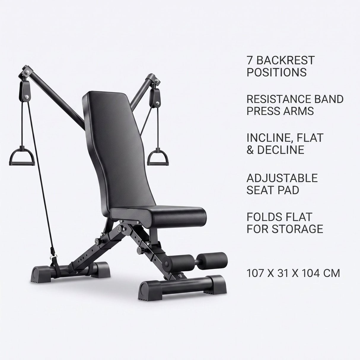 Gym bench features - 7 backrest positions, resistance band press arms, adjustable seat pad, folds flat, 107 x 31 x 104 cm