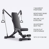 Gym bench features - 7 backrest positions, resistance band press arms, adjustable seat pad, folds flat, 107 x 31 x 104 cm