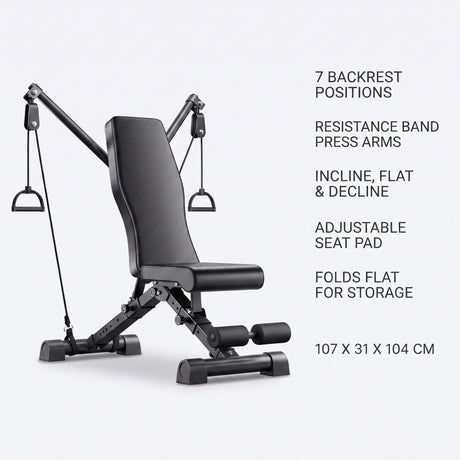 Gym bench features - 7 backrest positions, resistance band press arms, adjustable seat pad, folds flat, 107 x 31 x 104 cm