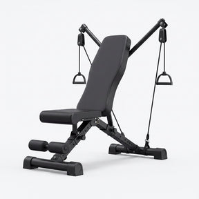 Adjustable gym bench with resistance band arms - foldable incline and decline weight bench